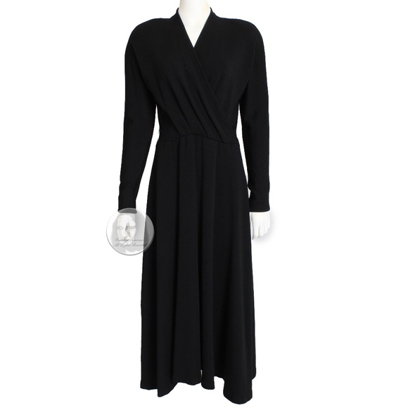 Vintage Black Wool Dress 80s Big Shoulders Cinched Waist Flowing Skirt LBD M/L - Picture 1 of 7